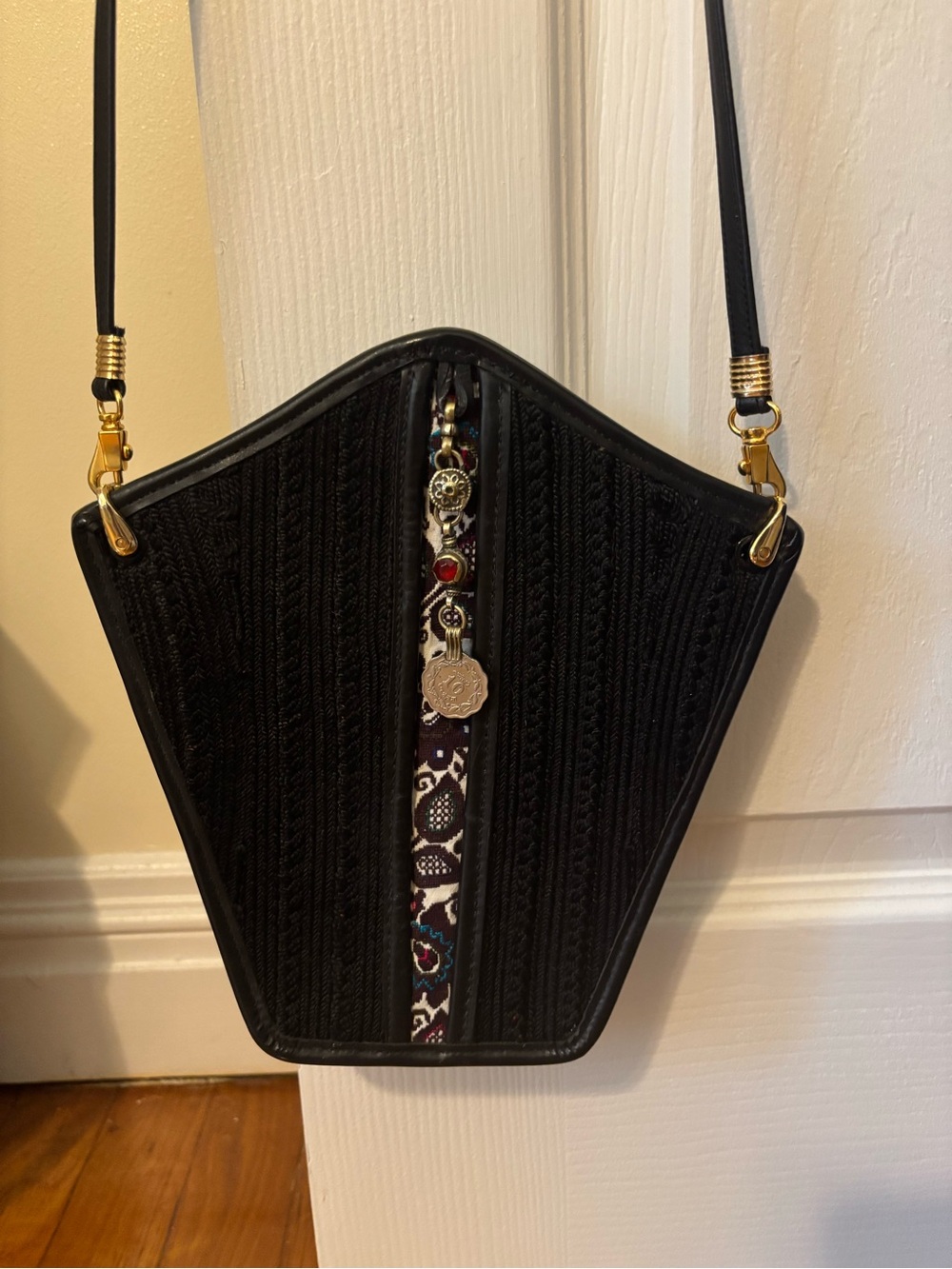 Vintage Albano Brocade Handbag Black leather Charm Cross Body